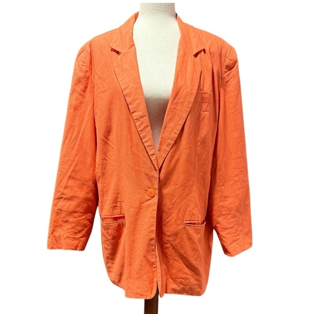 Newport News Linen Blend Vintage Blazer 16W Orange Summer Bright Retro Dopamine